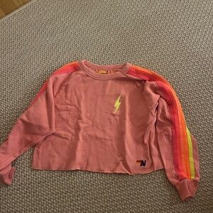Aviator nation pink crop Crewneck, neon lightning bolt and stripes embroidery, M